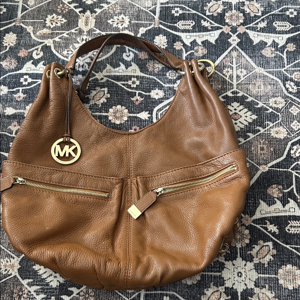 Michael Kors Brown Leather Hobo Bag with Gold Accents